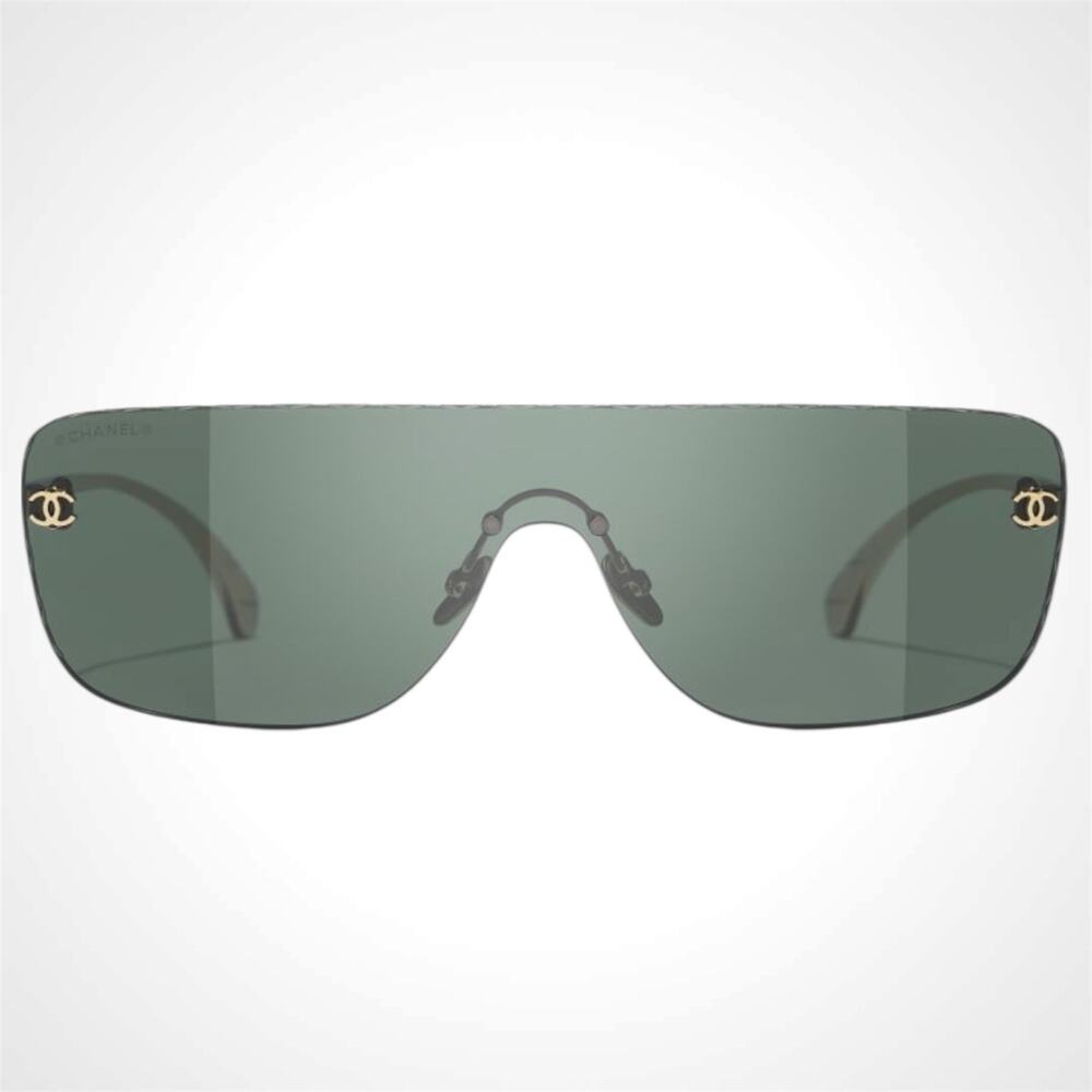 New CHANEL Sunglasses Gold Metal Rimless Shield Mask Green Lens CC Logo - Picture 2 of 5
